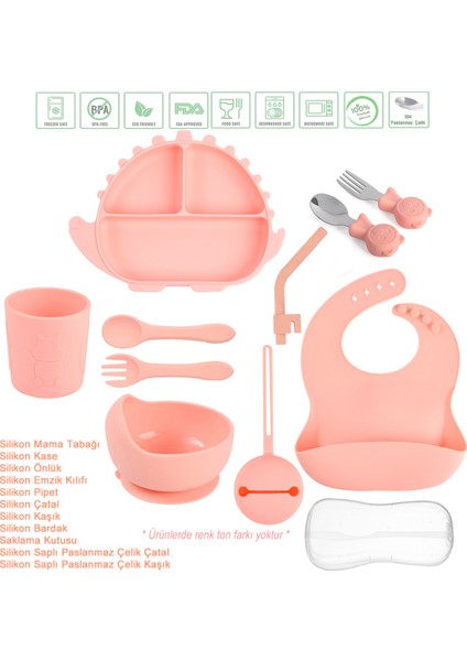 Silikon Beslenme Seti Dinazor Figürlü Vakumlu, Silikon Mama Tabağı, Kase, Önlük, Çatal-Kaşık, Bardak, Pipet, E.Kılıfı, Paslanmaz Çelik Çatal, Kaşık ve Saklama Kutusu / Pembe
