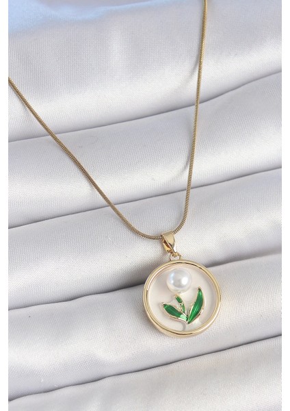 316L Çelik Gold Renk Zincir Beyaz Mineli Incili Çiçek Işlemeli Portre Model Kadın Kolye - TJ-BKO10170