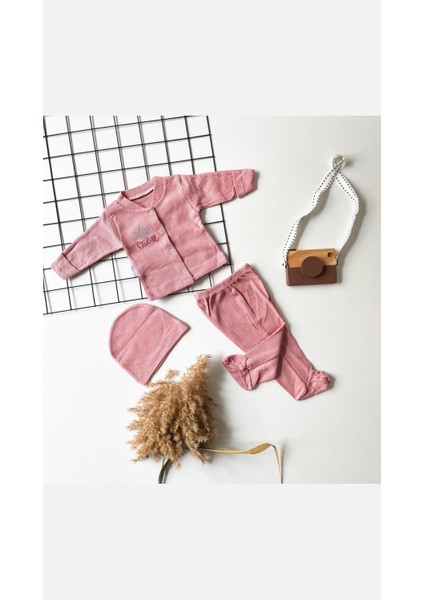 Minicixbebe Waffle Kumaş Pembe Yenidoğan Kız Bebek 3'lü Takım