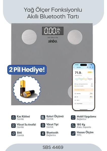 SBS-4469 Bluetooth Dijital Yağ Su Kas Vücut Kitle Endeksi Kilo Ölçer Tartı Baskül