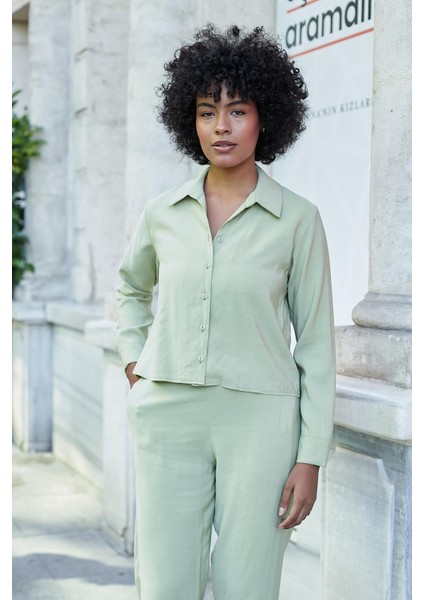 Kadın Likrasız Modal Kumaş Uzun Kol Hafif Kısa Gömlek-Yağ Yeşili