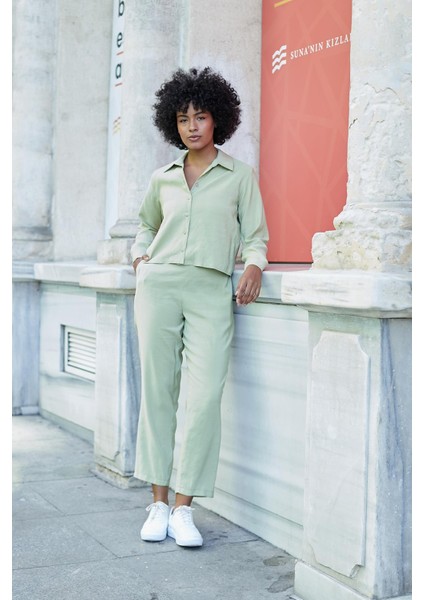 Kadın Likrasız Modal Kumaş Uzun Kol Hafif Kısa Gömlek-Yağ Yeşili fiyatları