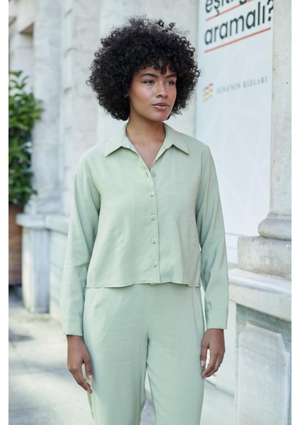 Kadın Likrasız Modal Kumaş Uzun Kol Hafif Kısa Gömlek-Yağ Yeşili fırsatları