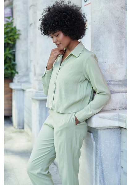 Kadın Likrasız Modal Kumaş Uzun Kol Hafif Kısa Gömlek-Yağ Yeşili indirimleri