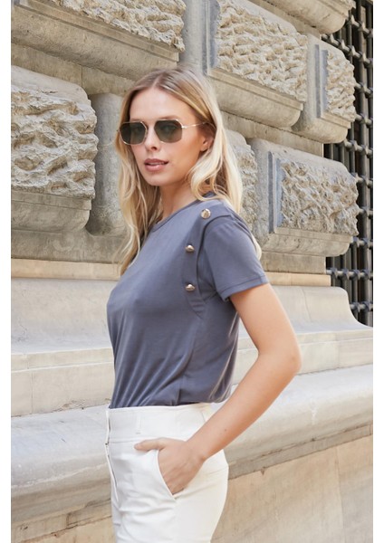Kadın Kaliteli Modal Kumaş Sıfır Yaka Düğme Aksesuarlı Kısa Kol T-Shirt Bluz-Antrasit fırsatları