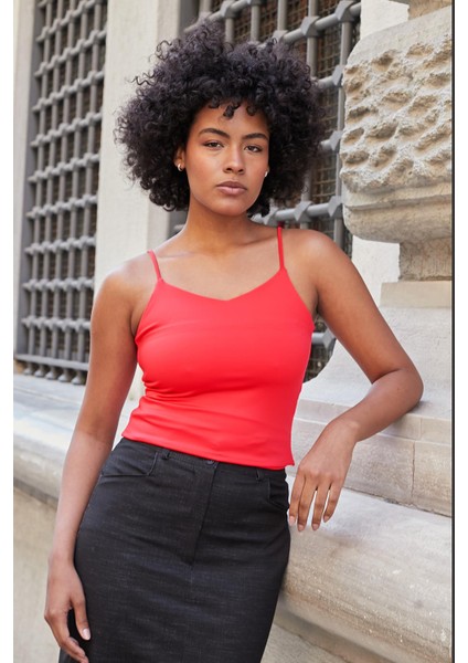 Likralı Şık Parlak Kumaş Ip Askılı Ceket Içi Bluz Body-Mercan