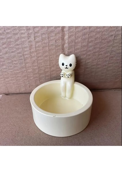 Kedi Mum Tutucu-Beyaz Şirin Seramik Kedi Kedi Mum Tutucu