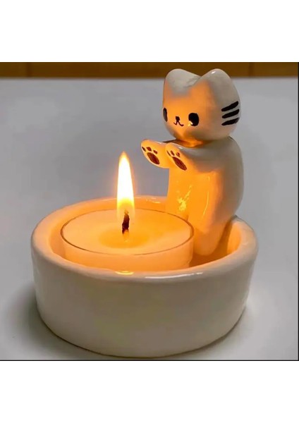 Kedi Mum Tutucu-Beyaz Şirin Seramik Kedi Kedi Mum Tutucu fırsatları