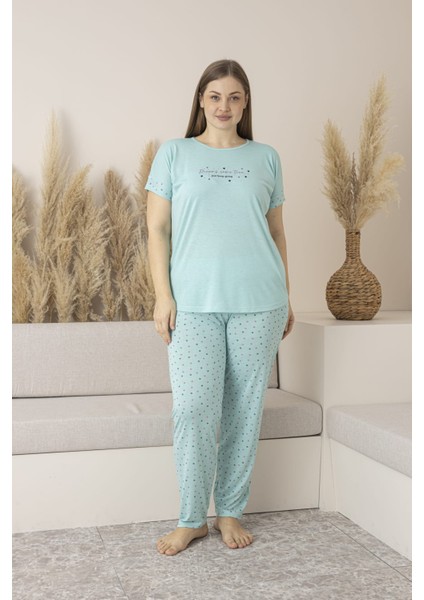Kadın Viskon Puantiyeli Kısa Kol Pijama Takımı-Battal-Mint