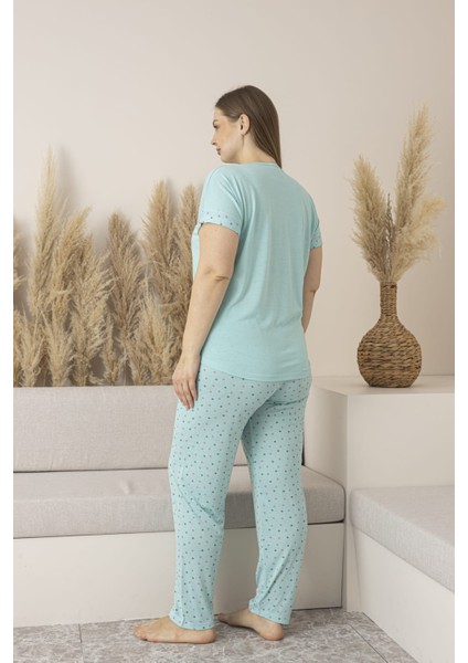 Kadın Viskon Puantiyeli Kısa Kol Pijama Takımı-Battal-Mint fiyatları