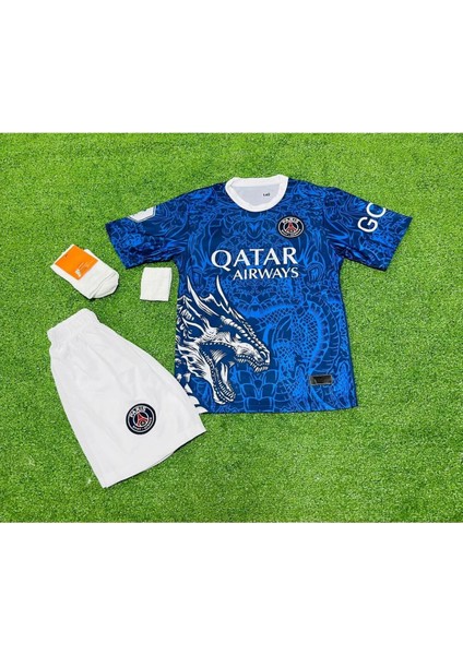 Mbappe Psg Dragon Mavi Ejder Desenli Tasarım Çocuk Forması 4lü Set Çorap-Bileklik Hediyeli SM11