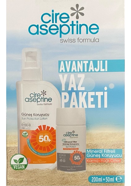 Güneş Koruyucu 50 SPF 200 ml + Mineral Filitreli Güneş Koruyucu Karma Ve Yağlı Ciltler 50 ml Kutu