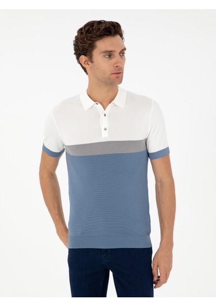 Erkek Mavi Slim Fit Polo Yaka Keten Karışımlı Triko T-shirt 50293243-VR036
