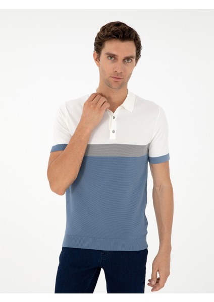 Erkek Mavi Slim Fit Polo Yaka Keten Karışımlı Triko T-shirt 50293243-VR036 modelleri