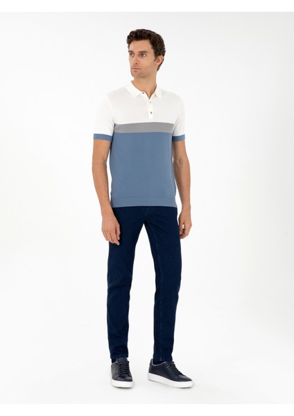 Erkek Mavi Slim Fit Polo Yaka Keten Karışımlı Triko T-shirt 50293243-VR036 fırsatları