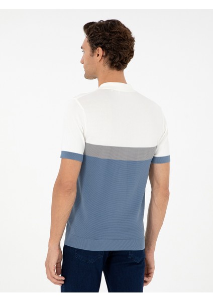 Erkek Mavi Slim Fit Polo Yaka Keten Karışımlı Triko T-shirt 50293243-VR036 indirimleri