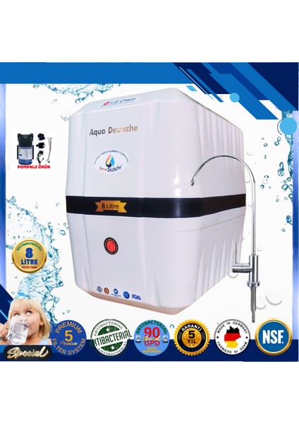 Pompalı 8 Litre Antibakteriyel Çelik Tanklı 90 Gpd Nano Membranlı Gümüş Iyon Kompozit Tatlandırıcılı Su Arıtma Cihazı