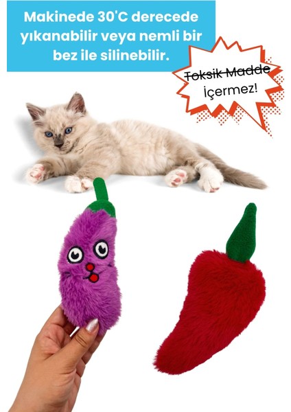 Hışırtı Sesli Kedi Oyuncak Seti (2’li) – Peluş Patlıcan & Biber Catnipli Kedi Oyuncakları indirimleri