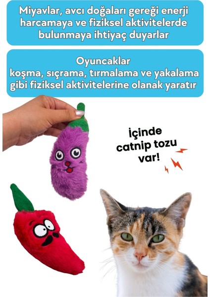 Hışırtı Sesli Kedi Oyuncak Seti (2’li) – Peluş Patlıcan & Biber Catnipli Kedi Oyuncakları