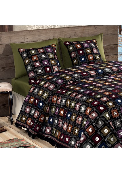 Retro El Örgüsü Temalı Jakarlı Dokuma Çift Kişilik Yatak Örtüsü 260 x 260 cm