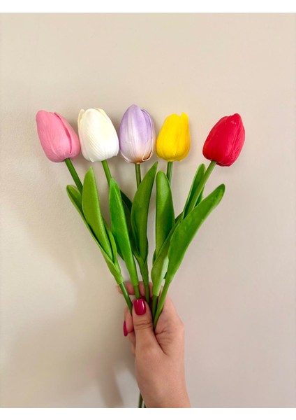 Yapay Islak Lale Rengarenk Renkli Lale 5 Adet 33 cm