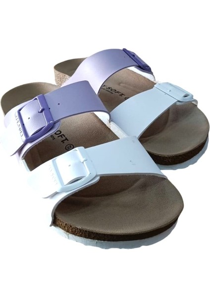 S902.060 Kadın Iki Tokalı Comfort Terlik Beyaz - Lila