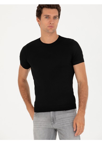 Erkek Siyah Slim Fit Bisiklet Yaka Triko T-Shirt 50267842-VR046