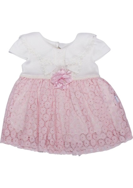 Kız Bebek Ekru Pembe Güpürlü Elbise - 1013993