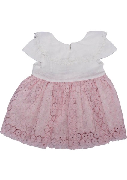 Kız Bebek Ekru Pembe Güpürlü Elbise - 1013993