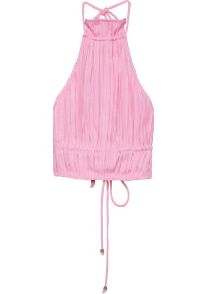 Halter Yaka Sırtı Bağlamalı Pileli Crop Bluz - Pembe Pembe - S