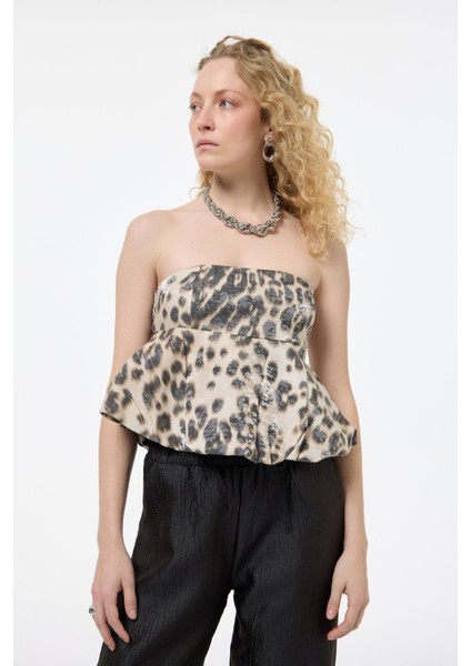 Leopar Desenli Straplez Volanlı Bluz - Taş Taş - M