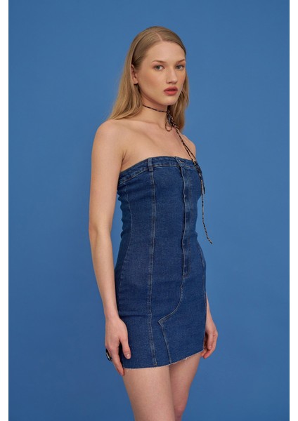 Straplez Detaylı Kot Mini Elbise - Mavi Mavi - S