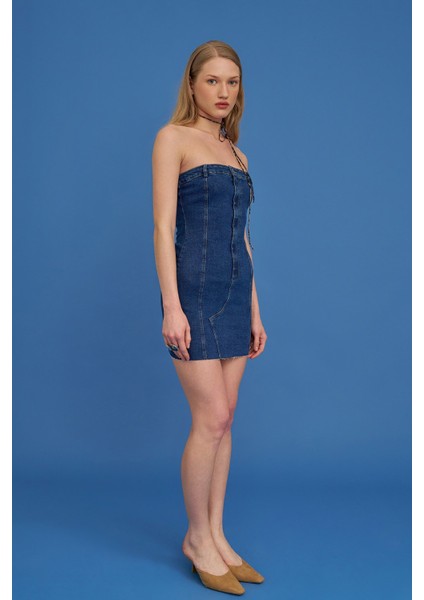 Straplez Detaylı Kot Mini Elbise - Mavi Mavi - S fiyatları