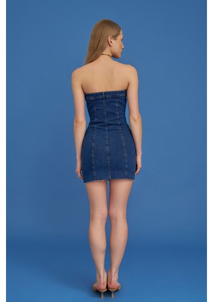 Straplez Detaylı Kot Mini Elbise - Mavi Mavi - S modelleri