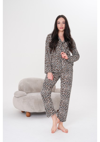 Pamuklu Düğmeli Gömlek Yakalı Pijama Takım Leopar Baskılı
