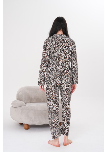 Pamuklu Düğmeli Gömlek Yakalı Pijama Takım Leopar Baskılı