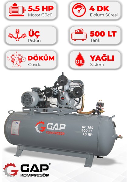 Pistonlu Hava Kompresörü 500LT 3 Kafa 8 Bar 10HP GP390
