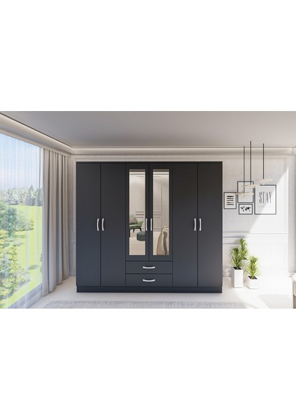 gm 0034 Lüx Aynalı 6 Kapılı 2 Çekmeceli Antrasit Gri Gardırop