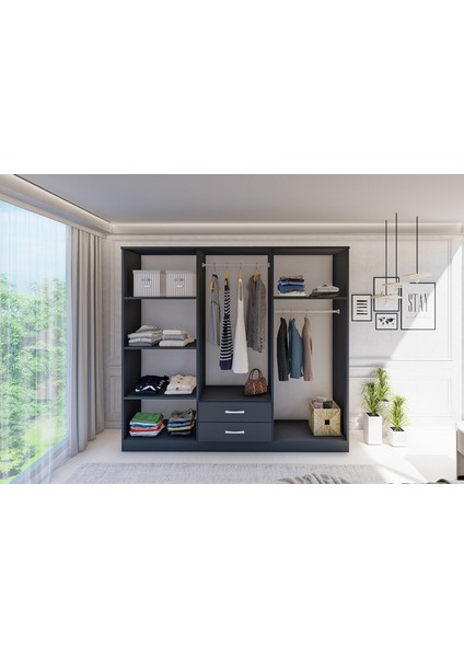 gm 0034 Lüx Aynalı 6 Kapılı 2 Çekmeceli Antrasit Gri Gardırop
