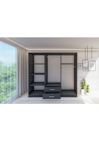 gm 0034 Lüx Aynalı 6 Kapılı 2 Çekmeceli Antrasit Gri Gardırop