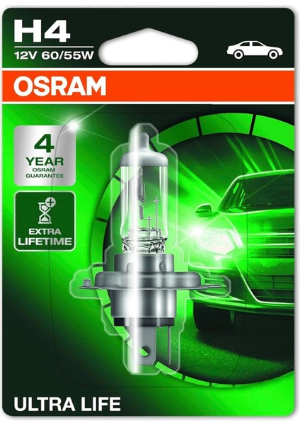 H4 Ultra Life Halojen Far Ampulü, 12V 60/55W, 4 Yıl Garantili, Uzun Ömürlü