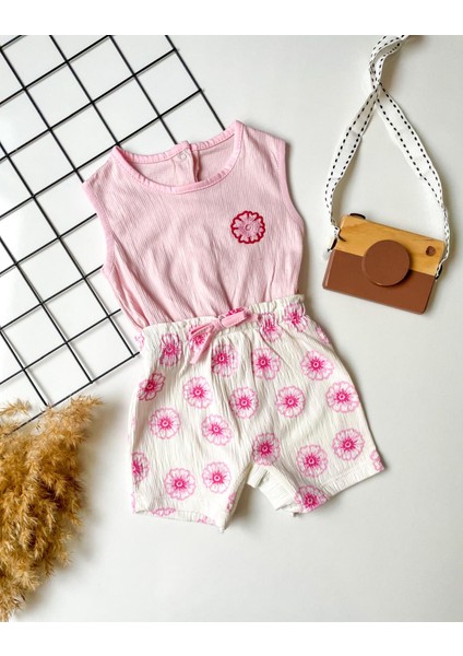 Minicixbebe Çiçek Desenli Beli Lastikli Pembe Kız Bebek Tulum