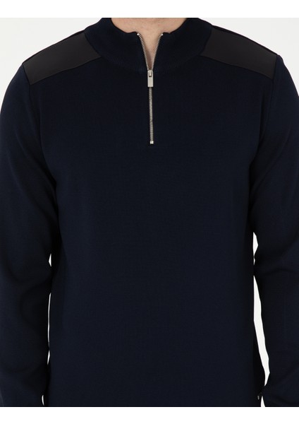 Erkek Lacivert Regular Fit Fermuarlı Dik Yaka Triko Kazak 50296417-VR033