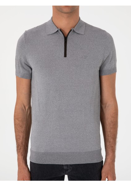 Erkek Gri Slim Fit Fermuarlı Polo Yaka Triko T-Shirt 50300817-VR024