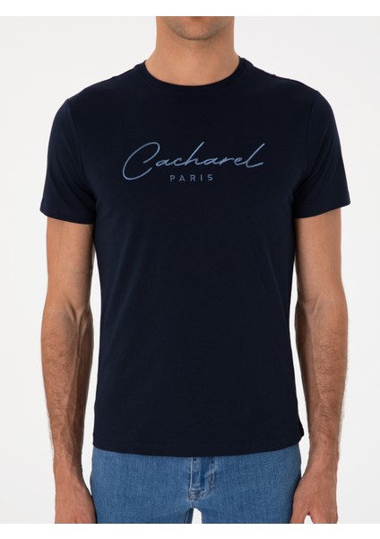 Erkek Lacivert Slim Fit Bisiklet Yaka T-Shirt 50310035-VR033