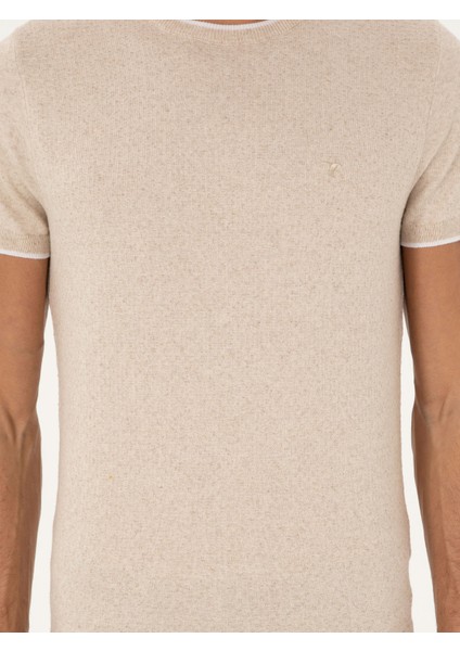 Erkek Bej Slim Fit Keten Karışımlı Bisiklet Yaka Triko T-Shirt 50285518-VR011