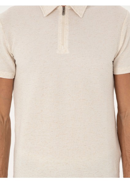 Erkek Ekru Slim Fit Keten Karışımlı Fermuarlı Polo Yaka T-Shirt 50286256-VR019