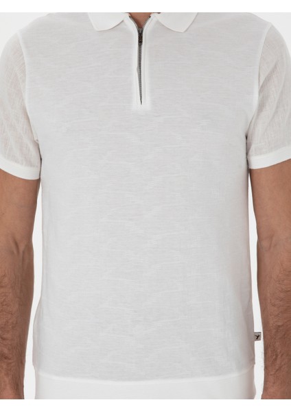 Erkek Ekru Regular Fit Fermuarlı Polo Yaka Desenli T-Shirt 50302727-VR019