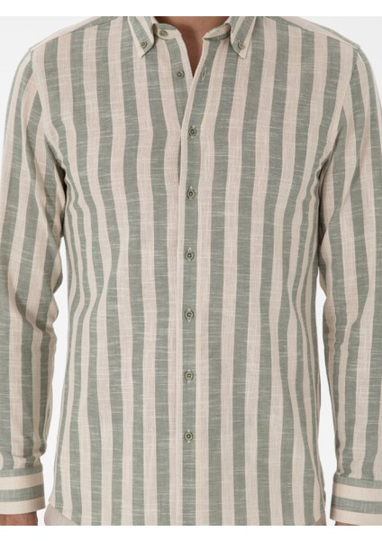 Erkek Haki Slim Fit Çizgili Pamuklu Gömlek 50311079-VR027