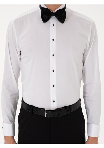 Erkek Beyaz Slim Fit Pamuk Karışımlı Manşetli Smokin Gömlek 50304049-VR013